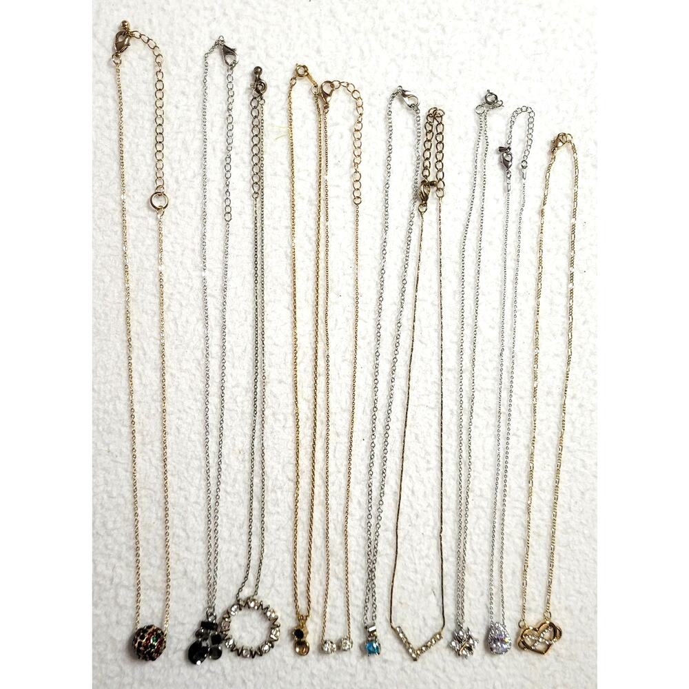 Vtg 10 Pc Rhinestone Pendants Chains Necklace Lot Dainty Silvertone Goldtone